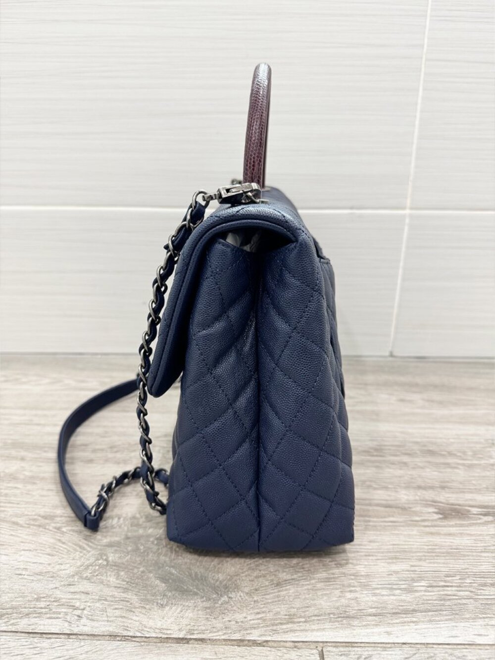 Like New Chanel Navy/Burgundy Quilted Caviar Leather Coco Lizard Handle Bag - Picture 3 of 13